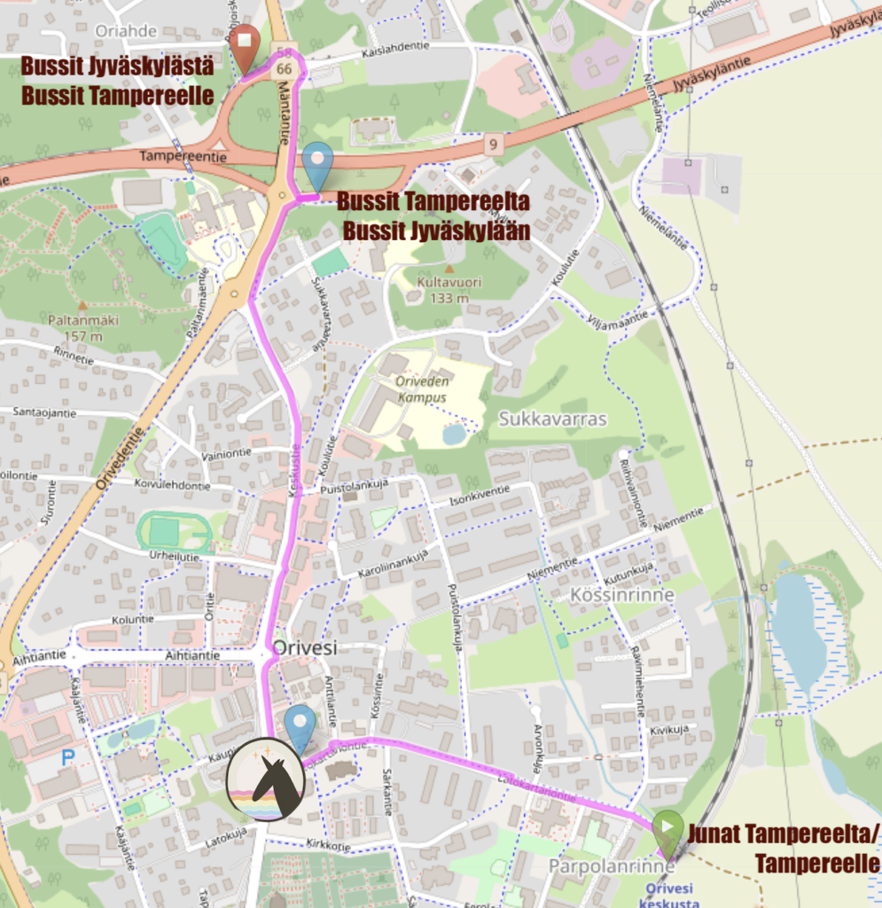 Kartta juna- ja bussiyhteyksistä Orivesi Pridelle.